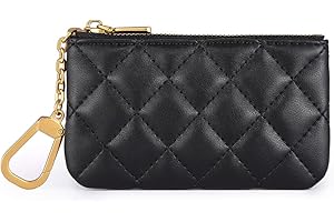 Mossruta Premium Genuine Full Grain Leather Mini Coin Purse Keychain Pouch Card Holder for Men Women (Black Quilted- AG)