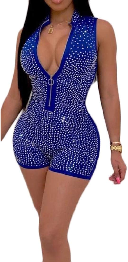 Sweatwater Women Deep V-Neck Tank Rhinestone Clubs Jumpsuits Rompers