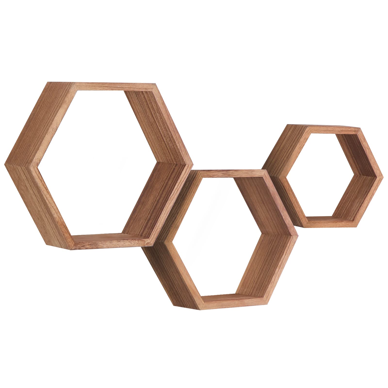 PHOENANCEE Hexagon Floating Shelves, Wooden Wall Mounted Hexagonal Shelf, Solid Wood Decorative Hanging Shelf for Bedoom, Living Room, Office, Home Decor, Set of 3(Carbonized Black)