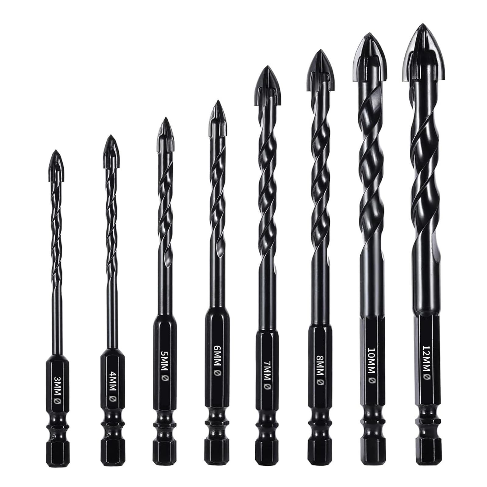 8-Pcs Masonry Drill Bits Carbide Concrete Drill Bit Set for Stone Tile Brick Ceramic Glass Metal Sheet Plastic and Wood, Quick ChangeØ3-12 mm. with Case
