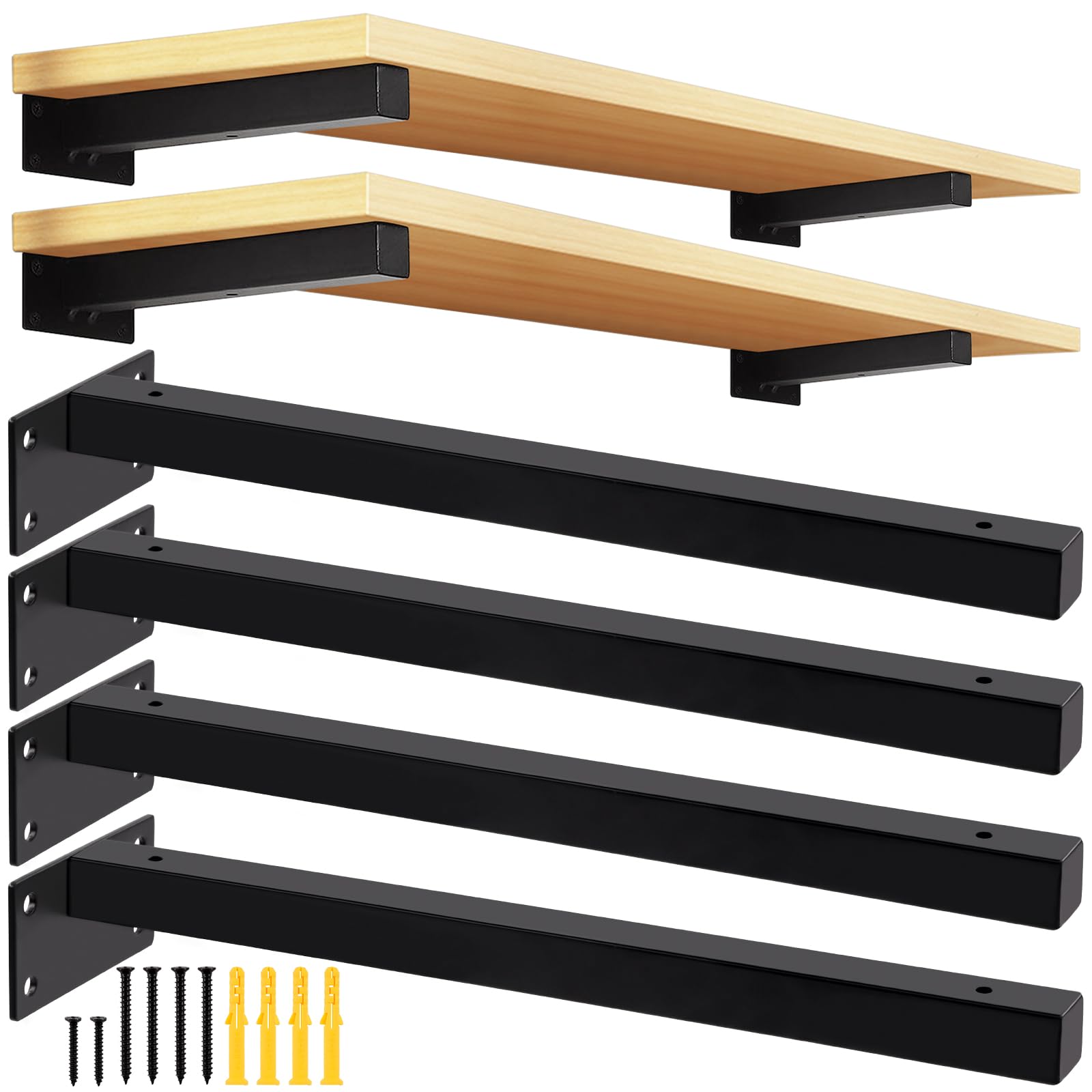 Tanstic 4 Pack 12 Inch Shelf Brackets, Heavy Duty Metal Wall Mounted Floating Shelf Bracket, Industrial Shelf Support Decorative Shelving Brackets with Screws for Shelves Support (Black)