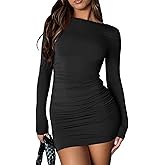 HOT ROEE Women's Going Out Bodycon Long Sleeve Round Neck Ruched Party Club Mini Dresses