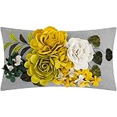 JWH Decorative 3D Flower Throw Pillow Cover Aesthetic Floral Accent Pillow Cases Colorful Pillowcase Handmade Cushion for Farmhouse Living Room Sofa Couch Chair 12x20 Inches Gray Yellow