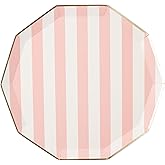 Bonjour Fete Light Pink Cabana Stripe Paper Party Plates | Disposable Plates | Sturdy Large Paper Plates, Dinner Plates | Premium Party Supplies | Happy Birthday Decorations | Pack of 8, 10.5" D