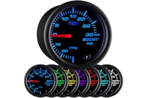 GlowShift Black 7 Color 30 PSI Turbo Boost/Vacuum Gauge Kit - Includes Mechanical Hose, T-Fitting & Wiring - Multi-Color Disp