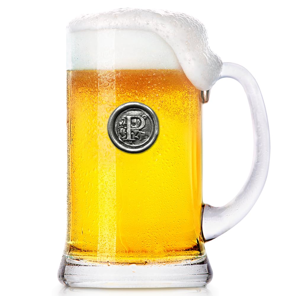 English Pewter Company 1 Pint Monogram Initial Beer Mug Glass Tankard - Personalized with Your Choice of Initial (P) [MON016]