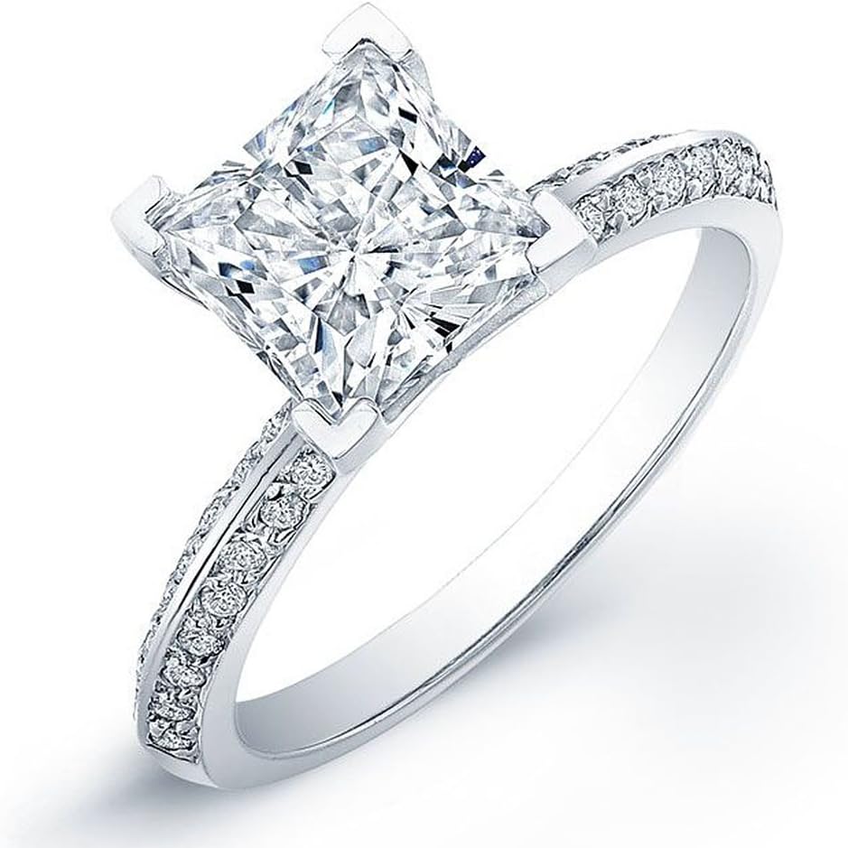 KING OF JEWELRY Natural, Not Enhanced, Princess Cut 2 Row Knife Edge Pave Diamond Engagement Ring, H-Color, VS2 Clarity - GIA Certified