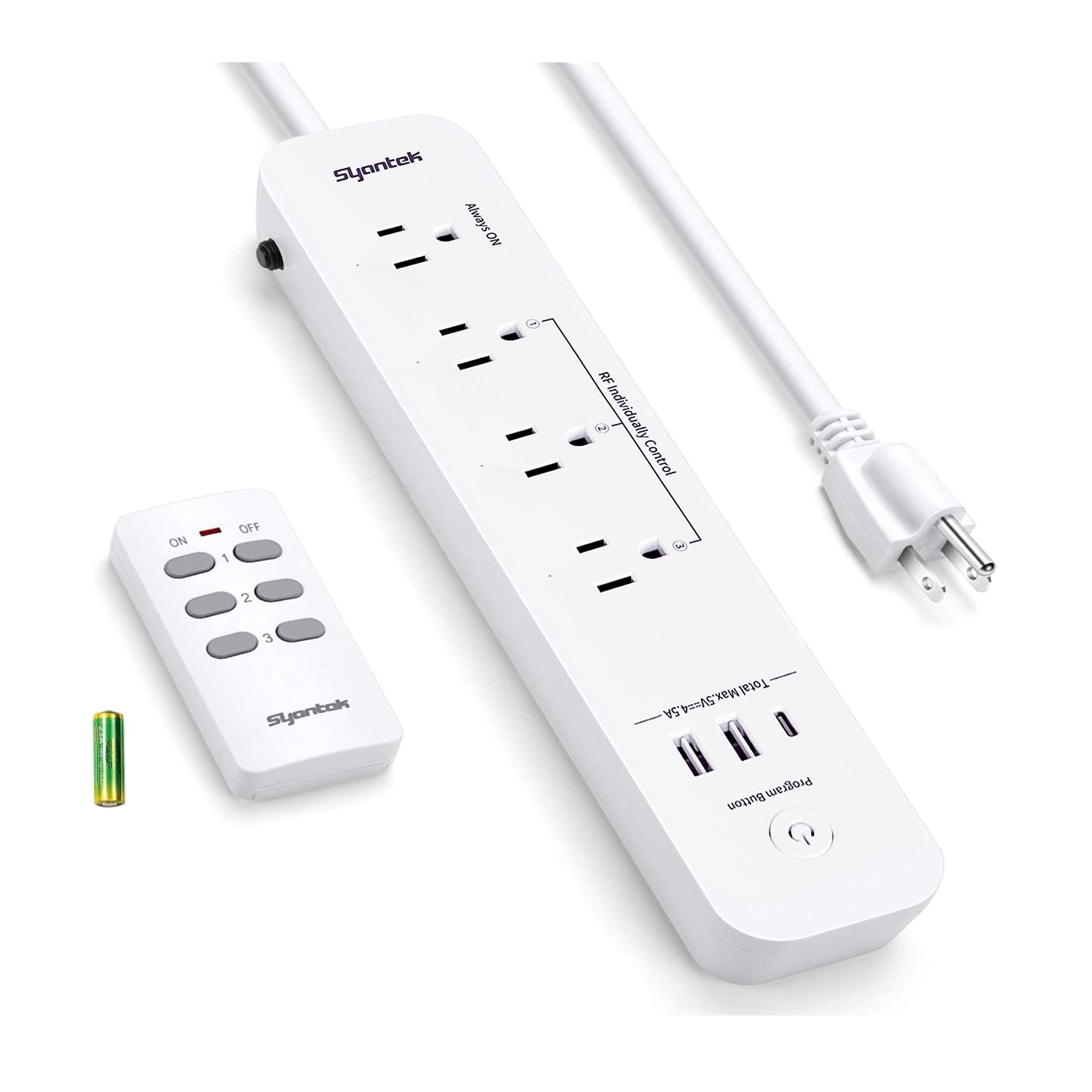 Photo 1 of Syantek Remote Control Power Strip with 3 USB Surge Protector Power Strip with 3 RF Controlled Outlets, 5ft Extension Cord, 15A/1875W Remote Control Outlet for Household and Workstation Appliances
