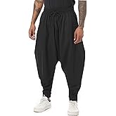 PACEIADTA Mens Casual Harem Pants Baggy Aladdin Hippie Elastic Waist Drop Crotch Trousers