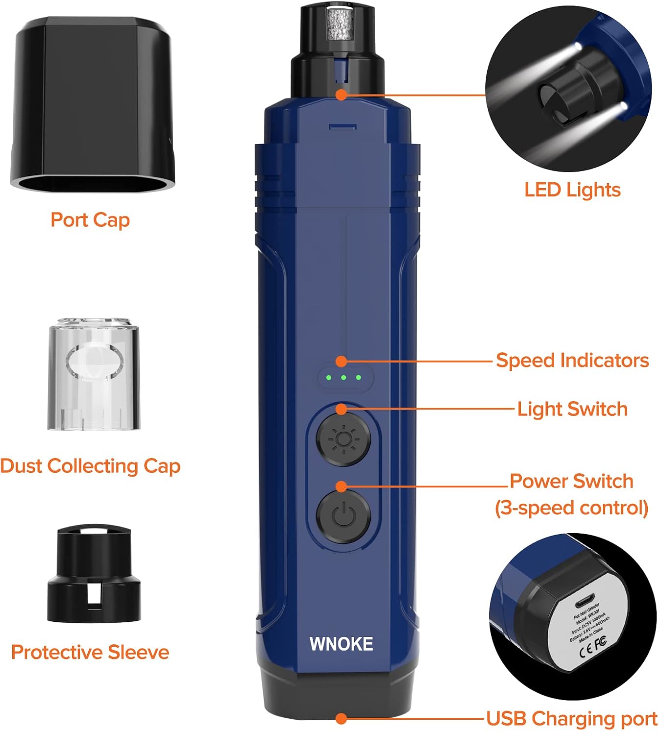 Detailed diagram of Wnoke WK001 Pet Nail Grinder components