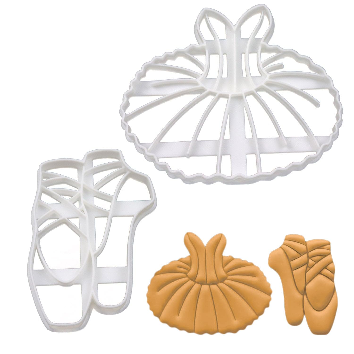 BAKERLOGY Set of 2 Ballet Themed Cookie Cutters (Designs: Tutu and Ballet Shoe) - Detailed Biscuit Cutter Design for Baking and Crafts, Ideal on Fondant, Dough, Clay