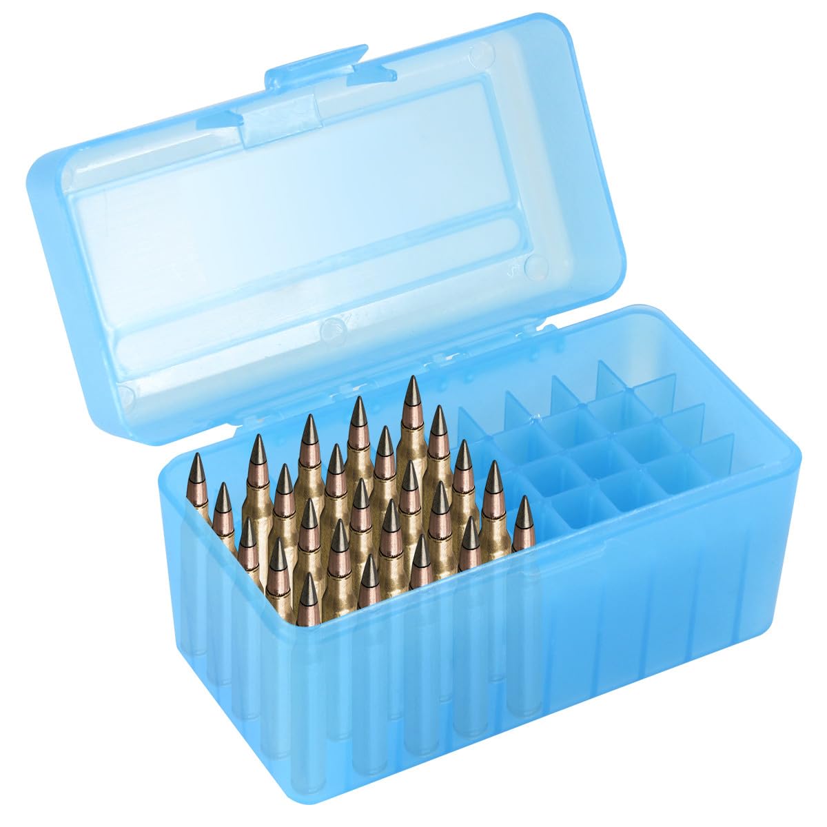Prothens Flip-Top 50 Rifle Ammo Box Plastic Stackable and Lockable Ammo Storage Can Bullet Case Designed for Rifle or Shotgun Ammo Storage (50 Ammo, 6.39" L 3.85" W)