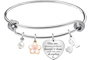 AEORA Inspirtional Bracelet Gift,Funny 26 Letter Initial A-Z Silver Heart Dangle Bangle For Women Lady Daughter Mom Sisters Friends Colleague Birthday Christmas Reminder Jewelry