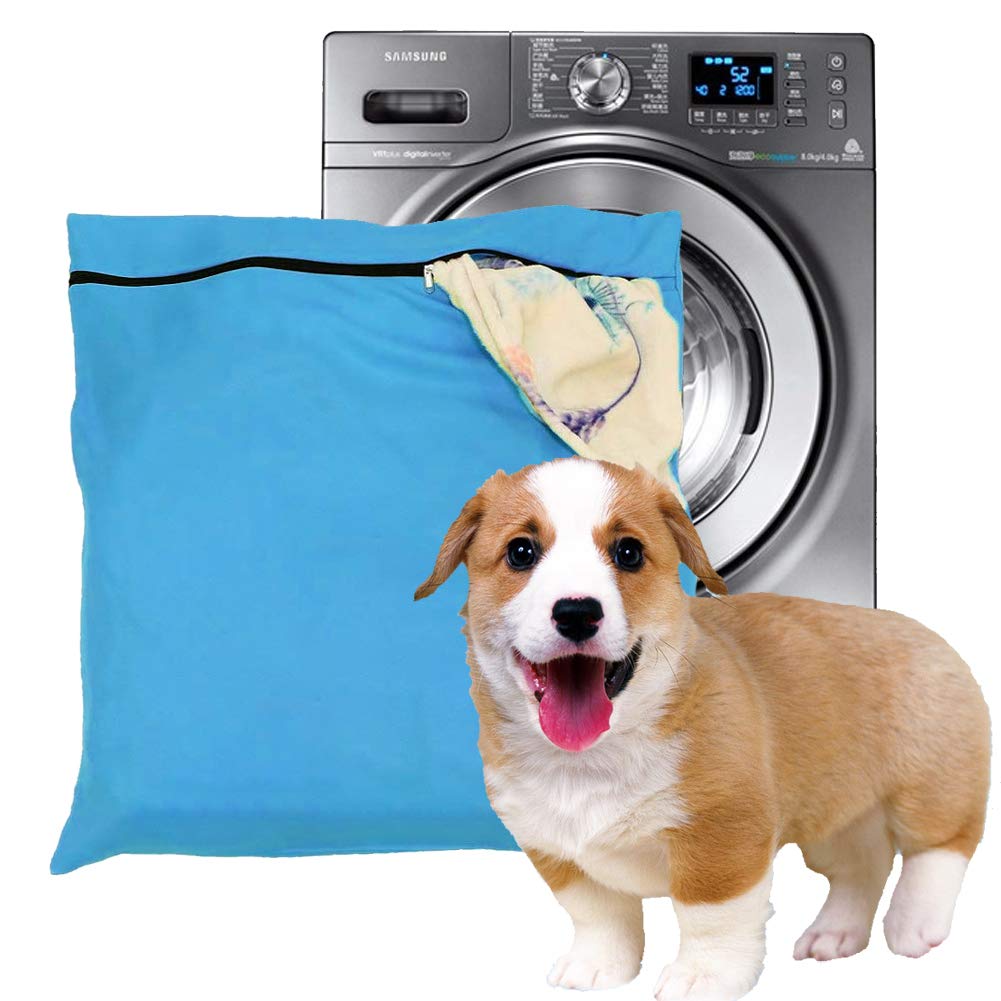 Pet Laundry Bag, Blue Filters Pet Hair Petwear Wash Bag for Washing Machine with YKK Zip for Pet Bedding Blankets Towels (Blue, L)