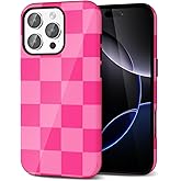 Svanove Checkered Phone Case for iPhone 16 Pro Max Case Plaid Lattice, Girly Cute Checkerboard Case for Women, Aesthetic Checker Print Design, Slim Thin Hard Shell Plastic Glossy Cover, Hot Pink