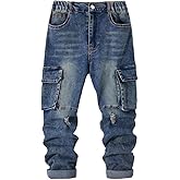 Nivne Tco Tween Boys Denim Pants Distressed Vintage Washed Ripped Frayed Slim Fit Blue Zipper Fly Jeans with Cargo Pockets