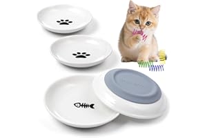 YEAHGO Ceramic Cat Food Bowls for Indoor Cats and Kitten, 4 Cute Cat Feeding Bowls Shallow Whisker Relief Dishes for Cats, 5.9" Wide Pet Plates for Wet & Dry Food and Water, Non-Slip Base, with 4 Spring Toys