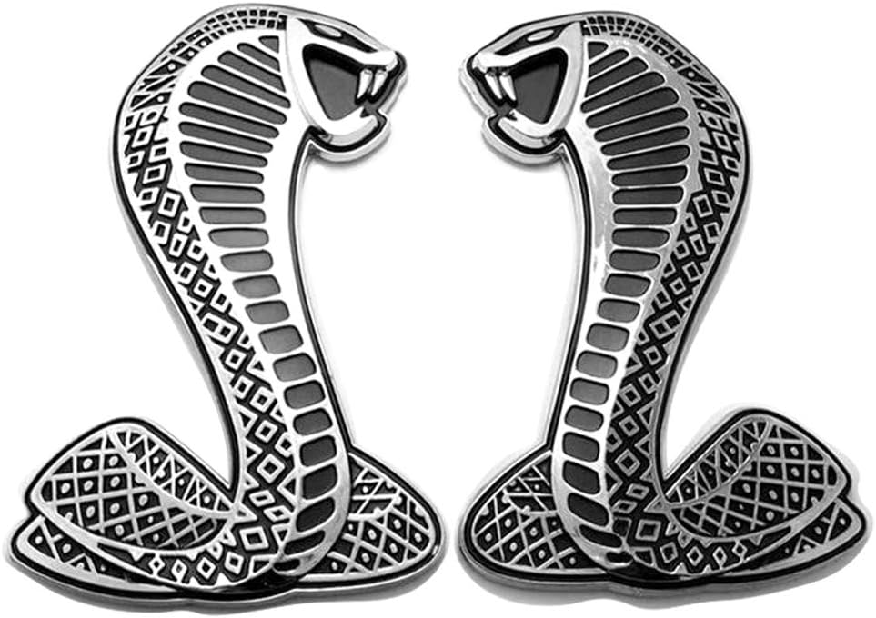 3D Cobra Shelby Snake Front Auto Metal Grill Fender Truck Emblem Decals Badge w/Installation Bracket For Ford Mustang GT SVT (Sliver 2PCS)