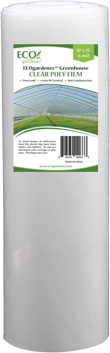 Greenhouse Clear Plastic Film – 25’ x 10’ 6mil, 4 Year UV Treated, Anti Condensation Heavy Duty Polyethylene by ECOgardener