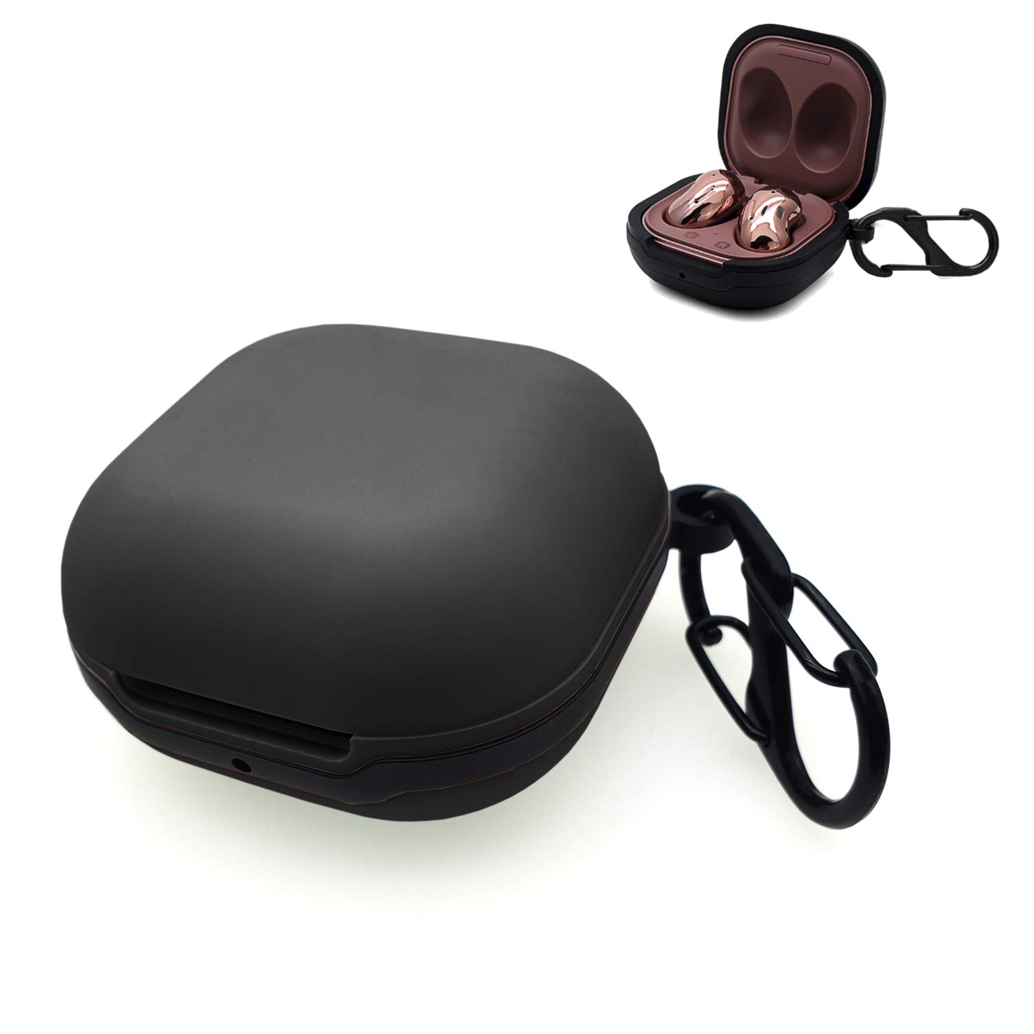 sciuU Protective Silicone Case compatible with Samsung Galaxy Buds Live, Skin Cover with The Stainless Shockproof Secure Ring for Wireless Earbuds Charging Case with Anti-Lost Carabiner, Black