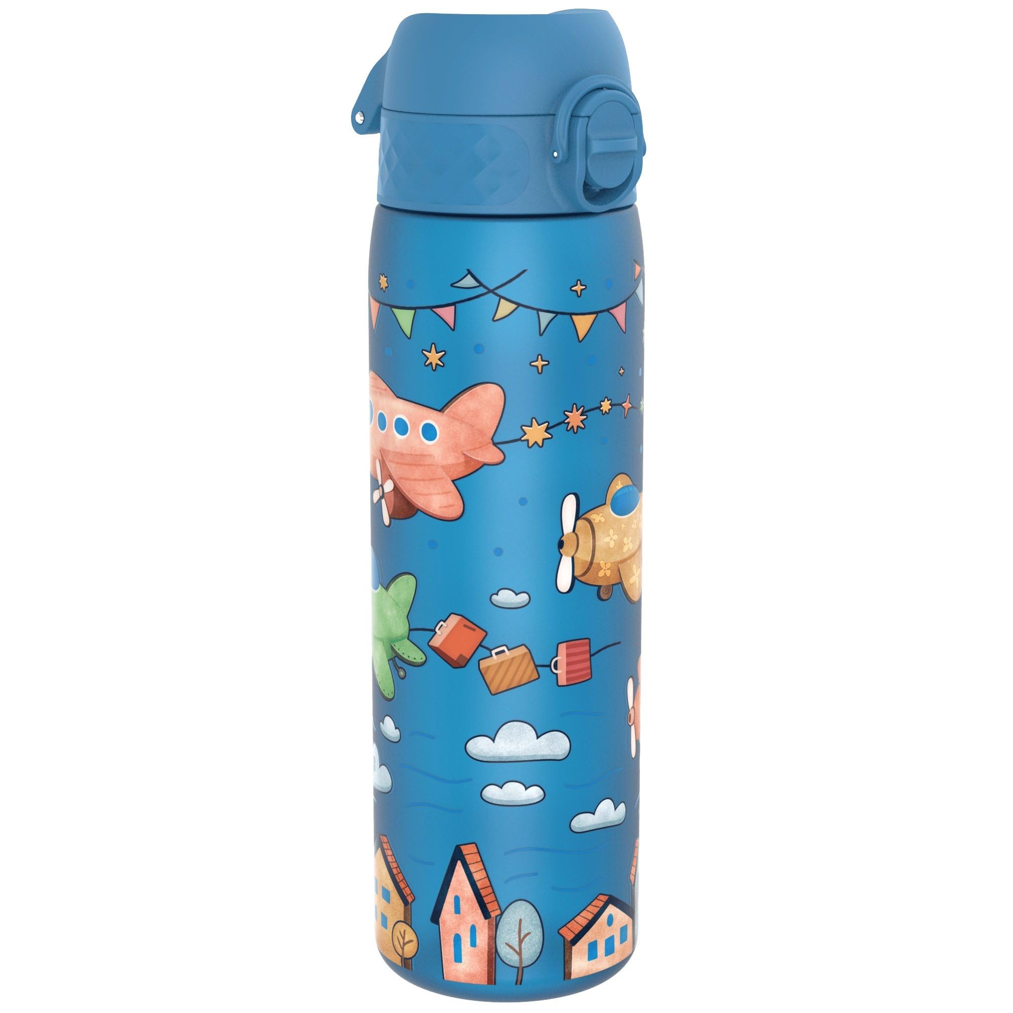 Ion8 Water Bottle, 500ml/18oz, Slim Leak Proof & BPA-Free Drinking Bottle, Secure Lock Prevents Spills, Dishwasher Safe, Carry Handle, Ideal for Adults & Kids - Travel, Gym & School, Blue, Airplanes