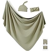 GRSSDER Newborn Swaddle Blanket, Ultra Soft Jersey Receiving Blanket with Matching Headband and Beanie Set 33×44", Stretchy Baby Neutral Swaddle Wrap for Girls and Boys