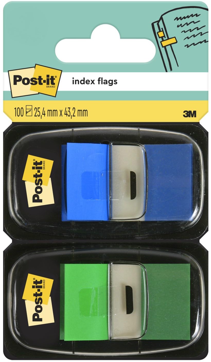 Post-it Index Flags, Medium, Blue and Green, 2 Dispensers 25.4 mm x 43.2 mm, 50 Flags - To Mark, Highlight or Color Code Important Information