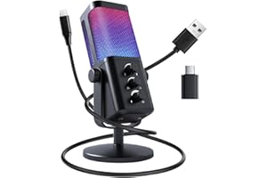VCOM USB Microphone for PC, RGB Gaming Microphone with Mute Button, Gain Control, Monitoring Headphone 3.5mm Jack, PC Mic for