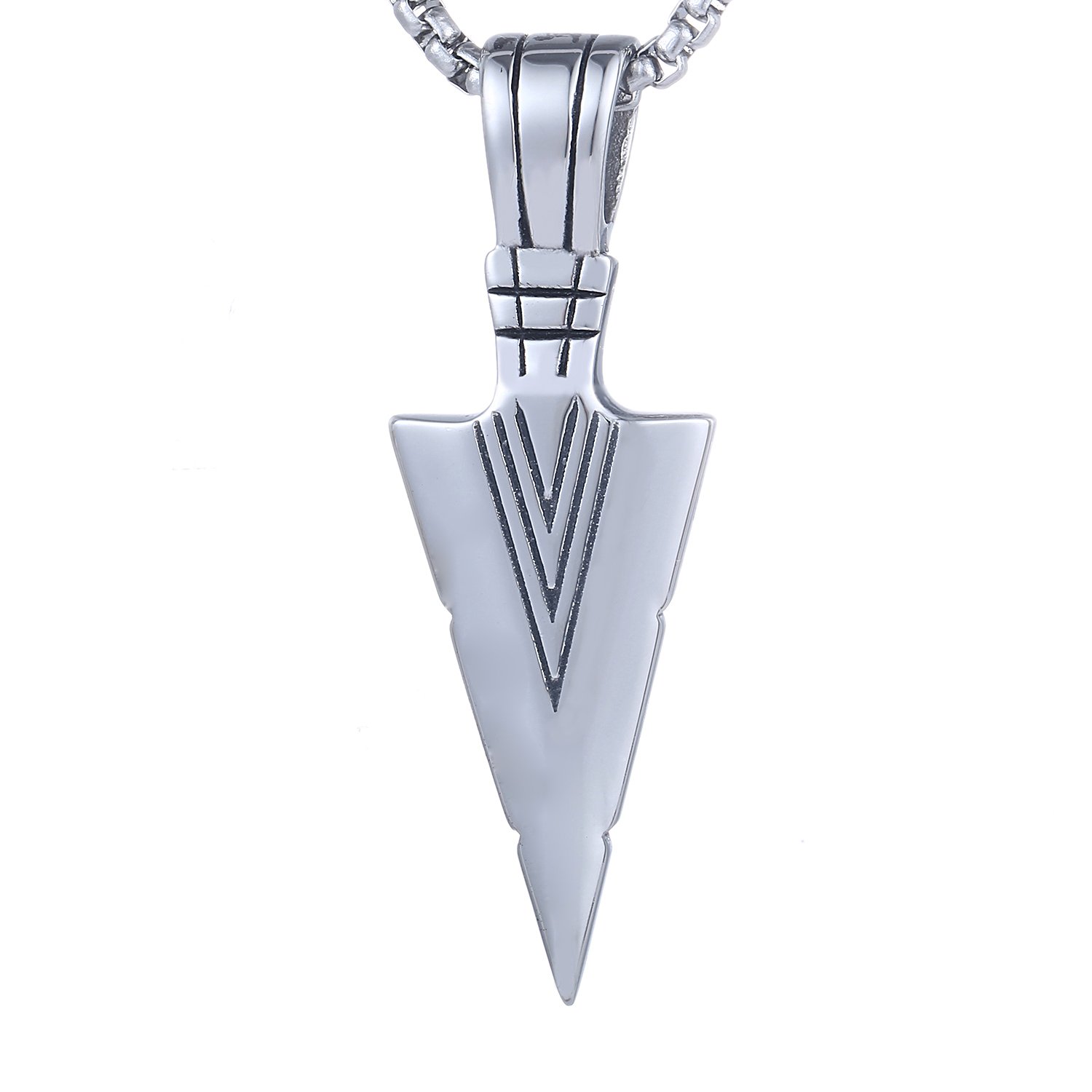 DonDon Men's Inka Spike Spear Stainless Steel Lucky Charm Necklace with Black Pouch Silver