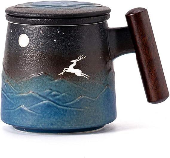 TANG PIN Moon Deer Handmade Ceramic Tea Mug with Infuser and Lid