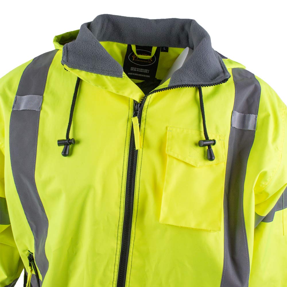 Pioneer High Visibility Safety Bomber Jacket for Rain - Hi Vis, Waterproof, Reflective, ANSI Class 3, Work Coat with Detachable Hood for Men – Yellow/Black: Industrial & Scientific
