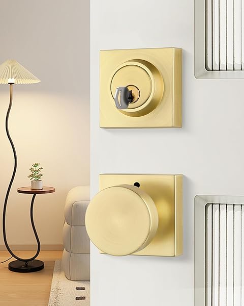 HAIDMS GOLD DOOR KNOBS WITH DEADBOLT, HEAVY DUTY GOLD EXTERIOR DOOR KNOBS, ZINC-ALLOY BRUSHED BRASS FRONT DOOR KNOB AND DEADBOLT SET (2 PACK)