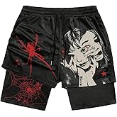SHENHE Men's 2 in 1 Anime Gym Shorts Graphic Spiderweb Print Workout Shorts with Liner