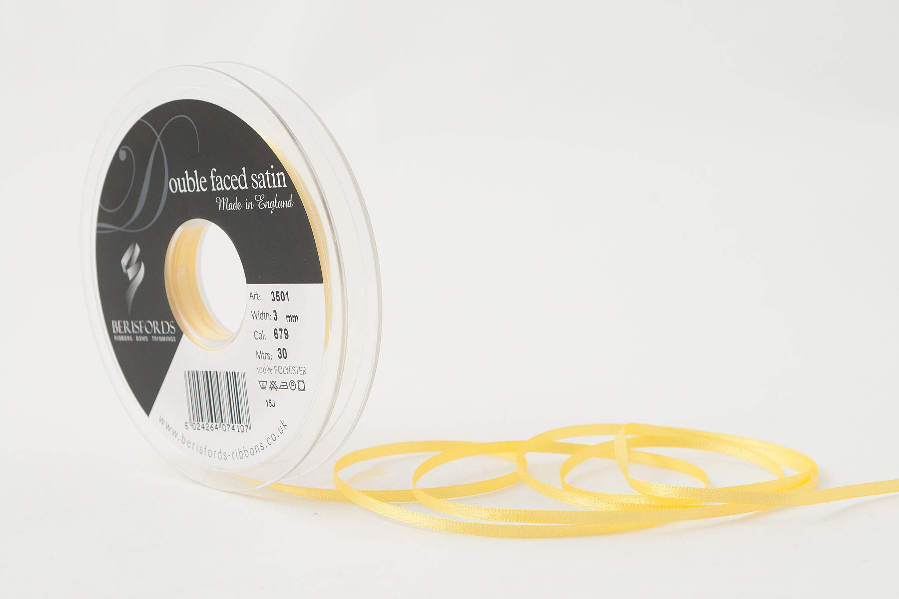 Berisfords Double FACE Poly Satin Ribbon, Yellow, 3 mm