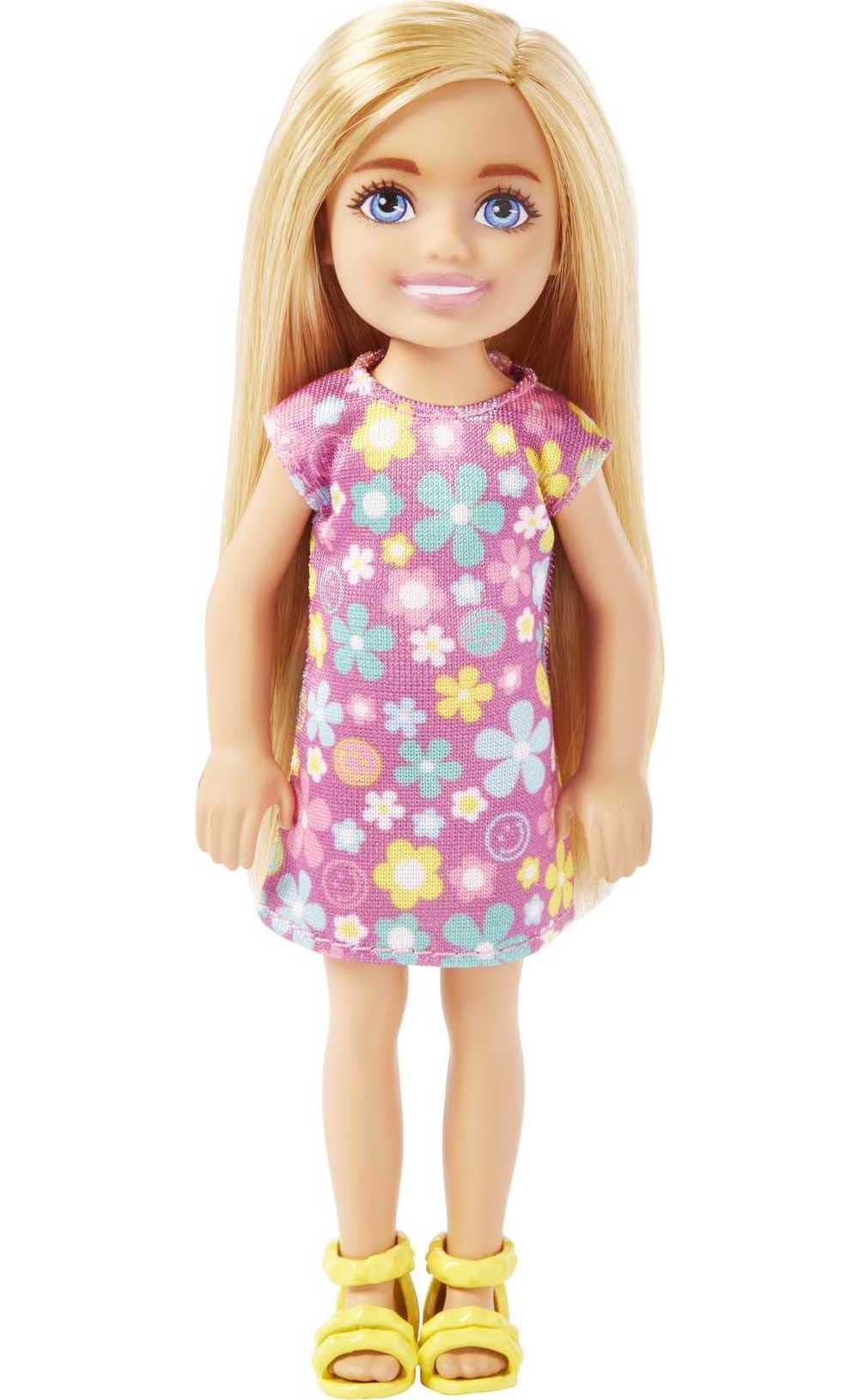 Barbie Chelsea Doll, Small Doll with Long Blonde Hair & Blue Eyes Wearing Removable Purple Flowered Dress & Yellow Shoes