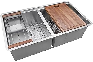 Ruvati RVH8350 33-inch Workstation Ledge 50/50 Double Bowl Undermount 16 Gauge Stainless Steel Kitchen Sink