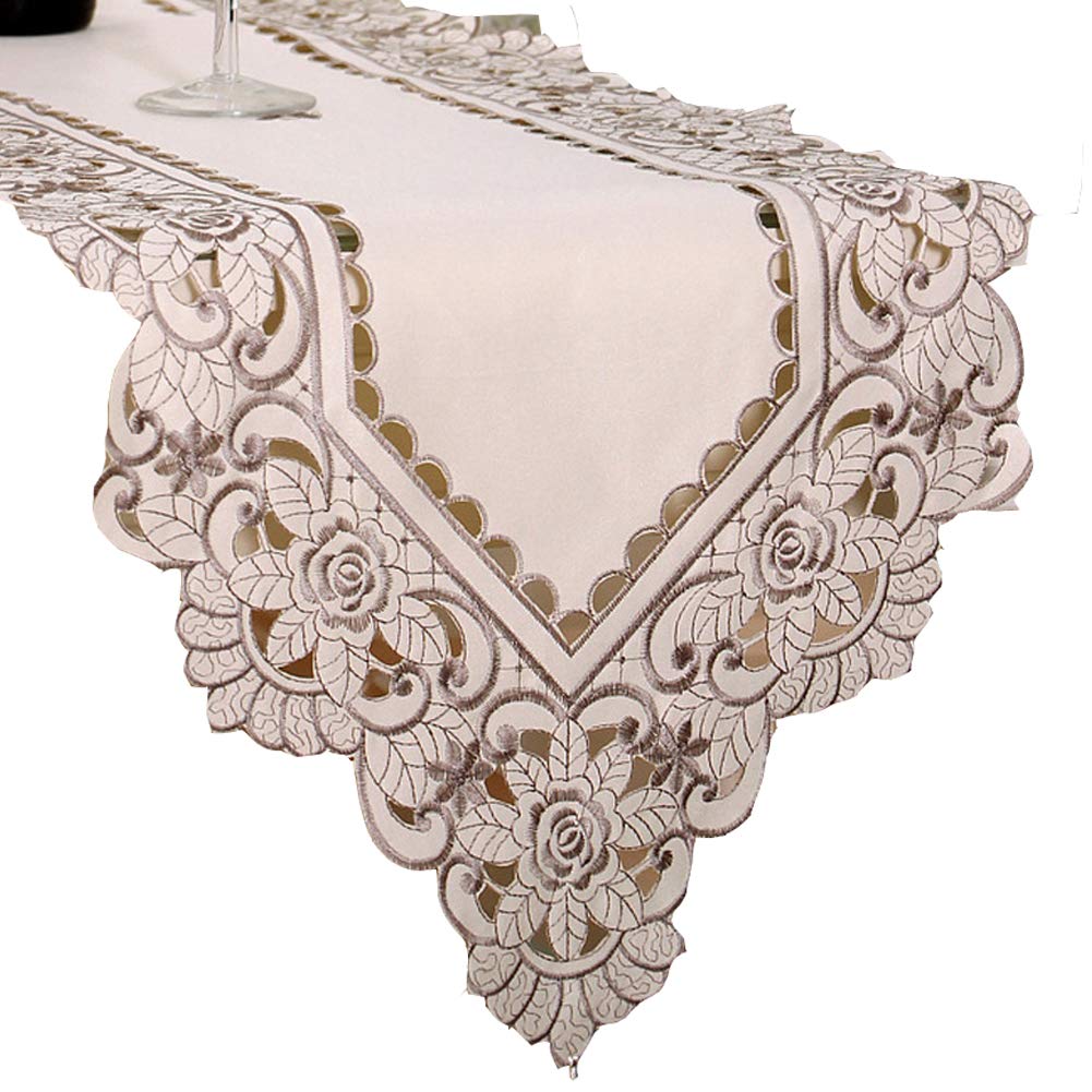 TEERFU Table Runner 40x176cm, Washable Tea Table Cover Decoration Hollow Mesh Floral Tablecloth Vintage Embroidered Flowers Table Runner for Home, Party, Banquet