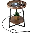 Gadroad Round End Table with Charging Station, USB Ports, Wood Tabletop & Black Metal Frame, 2-Tier Side Table for Living Room, Bedroom, Brown 15.7 * 15.7 * 23.6inches