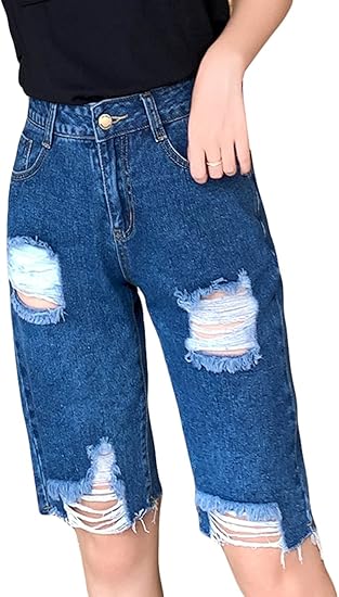Amazon Ksila ハーフパンツ レディース ショートパンツ デニム ダメージ加工 ジーンズ 短パン 五分丈 ハイウェスト ストレート 美脚 おしゃれ 半ズボン デニムパンツ 夏 ショートパンツ 通販