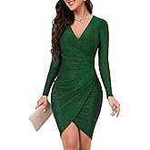 ihot Women's Glitter Party Dresses Sexy V Neck Long Sleeve Faux Wrap Ruched Bodycon Sparkly Night Club Dress