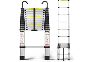 YIYAI 5m Telescoping Ladder, 16.4FT Aluminum Compact Extension Ladder with 2 Detachable Hooks and Non-Slip Feet, 330 lbs Max Capacity Folding Ladder Easy to Store, Attic Ladders for Home, Outdoor, DIY Work
