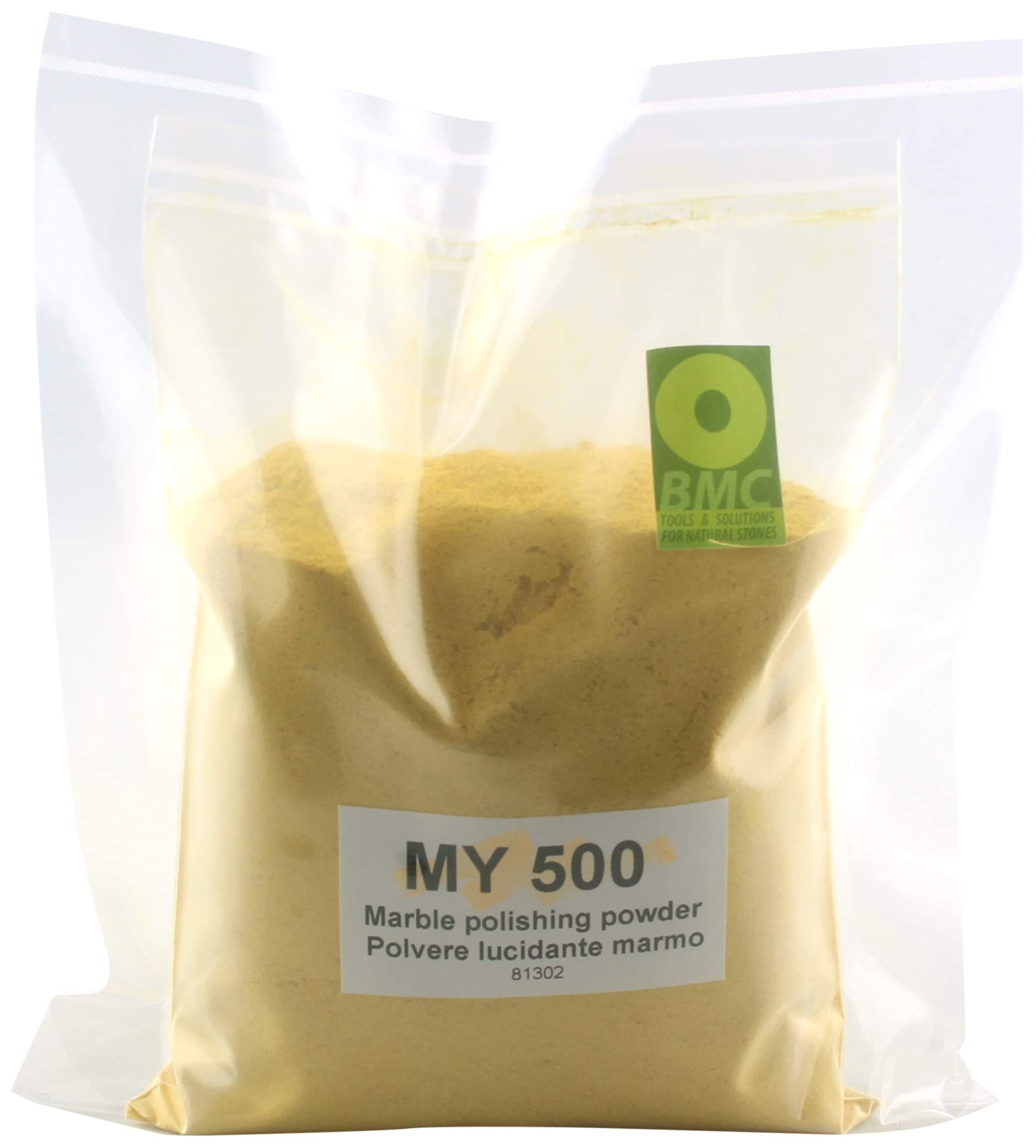 BMC MY-500 yellow polishing powder for marble and limestone, 500 g bag, for treating dull, light corrosion stains on mirror-polished surfaces. For machine polishing applications