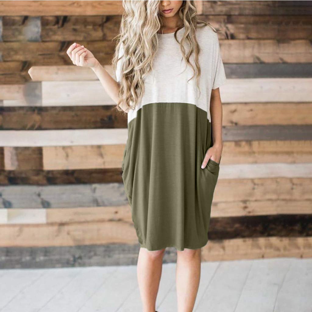 POTO Women Dresses, Loose Color Stitching Casual Dresses with Pockets Cotton Linen Tunic Dress Party Dress Beach Dress