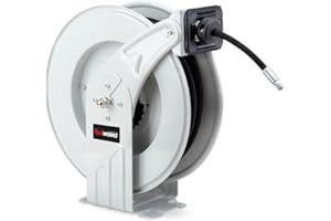 REELWORKS Grease-Hose-Reel Retractable 1/4" Inch x 50' Feet ELITE Long Premium Commercial SAE.100R2AT Hose MAX 5800 PSI Spring Driven Steel Construction Heavy Duty Industrial Dual Arm & Pedestal