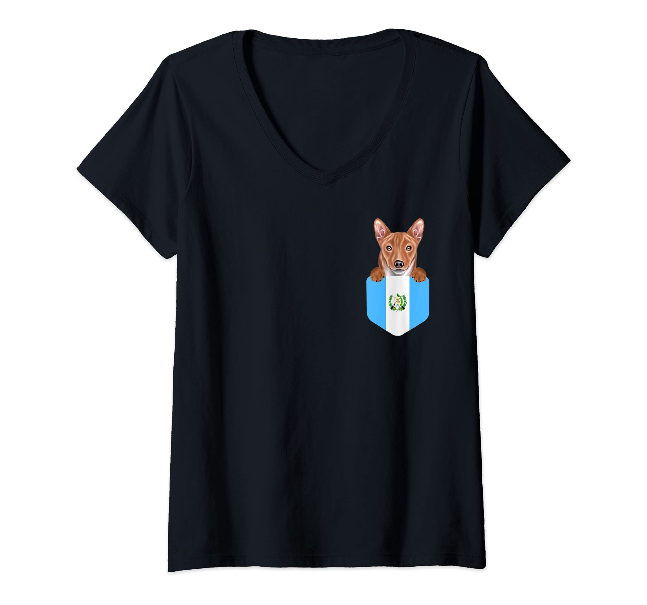 Womens Guatemala Flag Basenji Dog In Pocket V-Neck T-Shirt