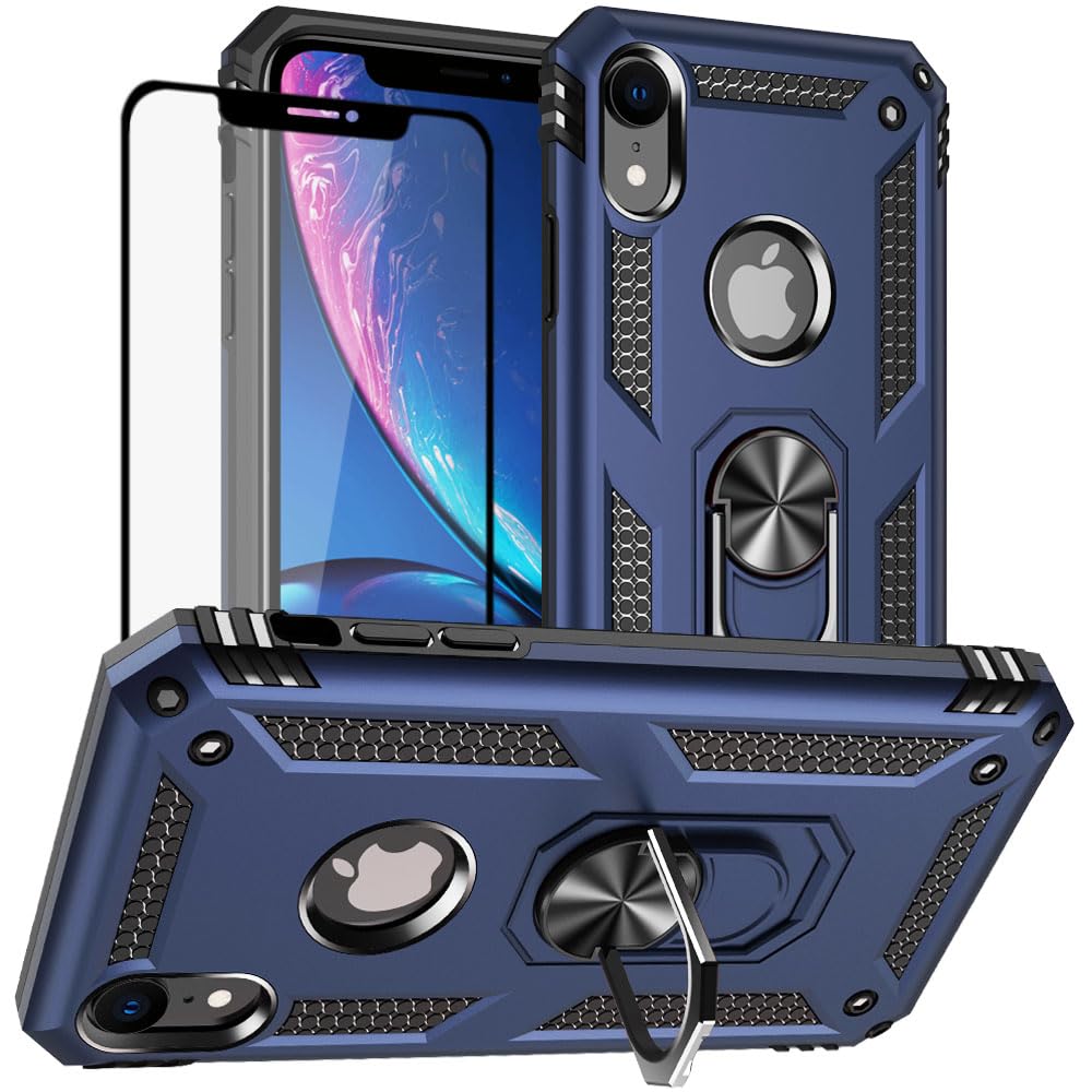 Yiakeng iPhone XR Case, iPhone XR Case, Tempered Glass Screen Protector, Shockproof Silicone Defense Bumper Armor Case Cover for Apple iPhone XR (Blue)