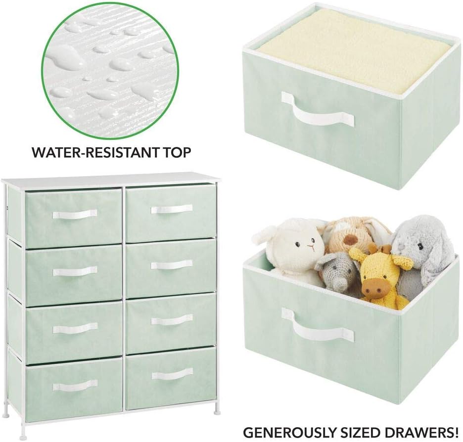mDesign 8-Drawer Furniture Storage Tower - Sturdy Steel Frame, Easy Pull Fabric Bins - Organizer Unit for Kid's Bedrooms, Playrooms, Nurseries - Mint/White: Furniture & Decor