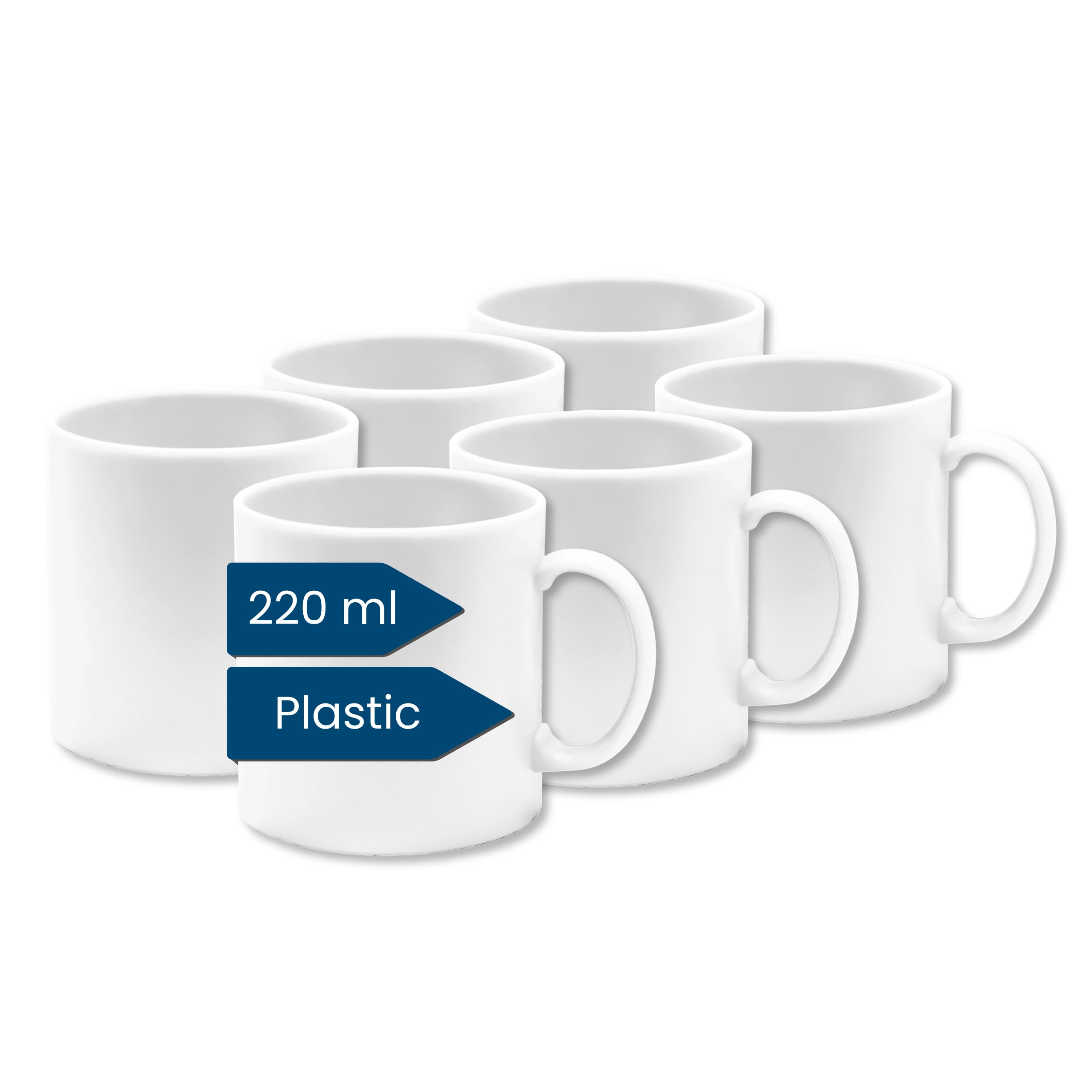 Plastic Coffee Cups (Set of 6, Small, White, 220 ml) - Plastic Cups with Handle for Camping - Drinking Cups Children and Seniors (Reusable - BPA Free - Dishwasher Safe - for Microwave)