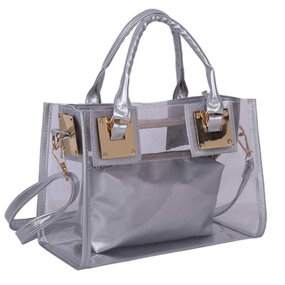 FiveloveTwo Women 2 Pcs Small Clear Tote Beach Shoulder Top-Handle Bag PVC Transparent Satchel Handbag Purse (Sliver)
