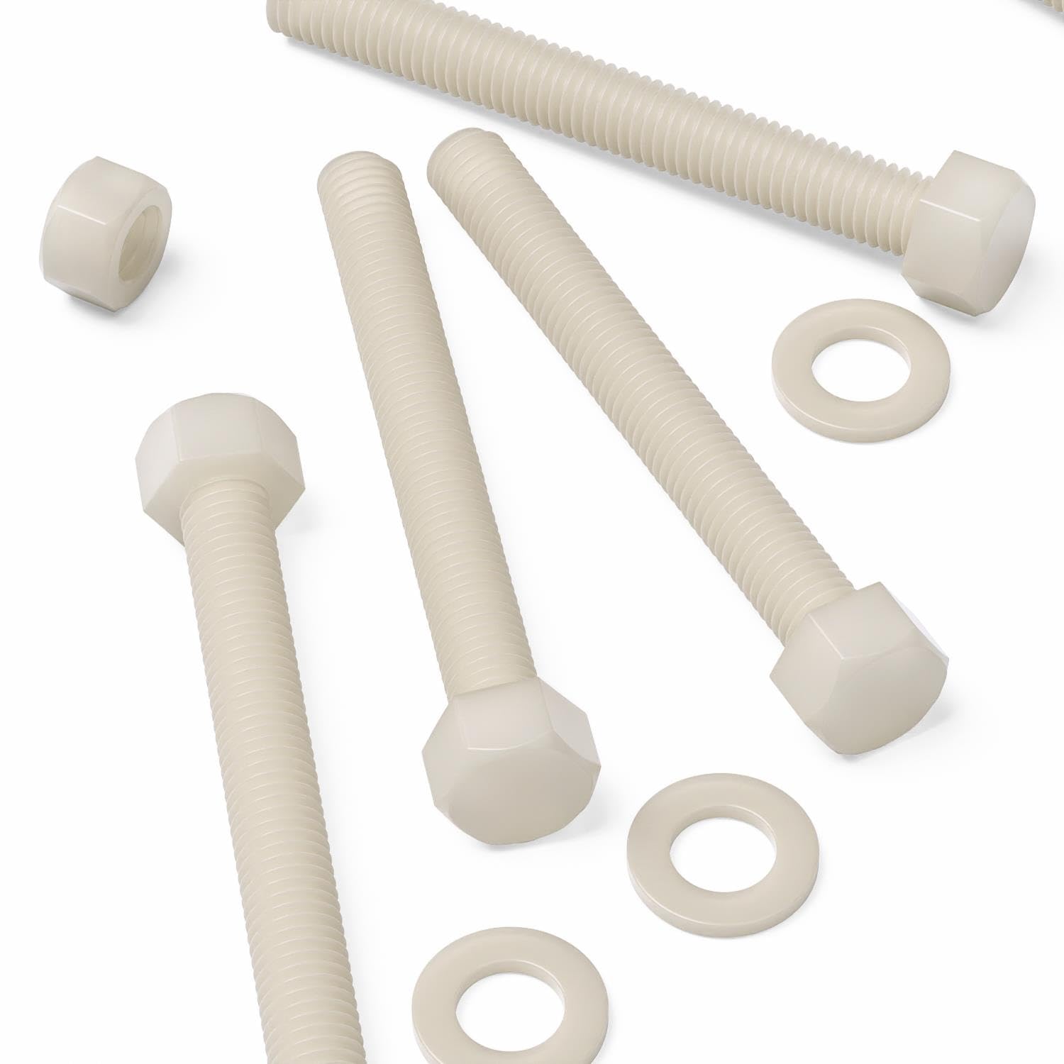 5X Natural Nylon Hex Head, M12 x 100mm, Plastic Nuts and Bolts, Washers, Hexagon, Nylon
